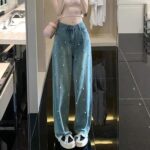 Spring/Summer Pearl-Embellished Baggy Jeans for Women