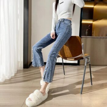 High Waist Pearl Jeans – Women’s Flare Denim with Chic Slits