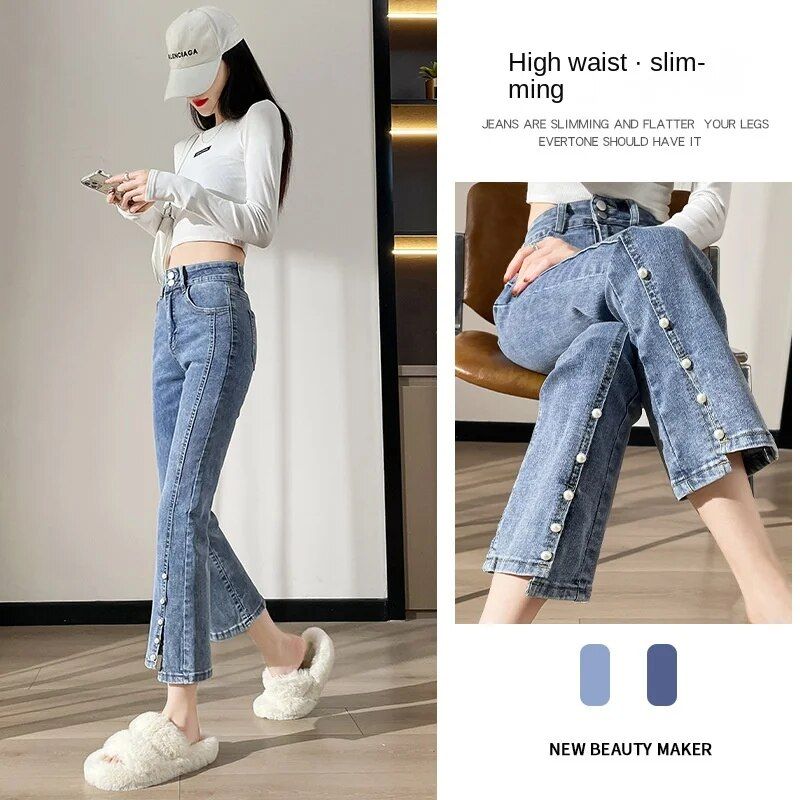 High Waist Pearl Jeans – Women’s Flare Denim with Chic Slits