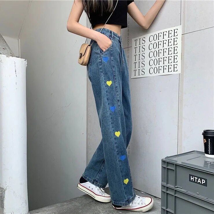 Women’s Vintage Heart Embroidery High-Waist Jeans – Wide Leg Denim