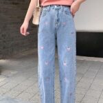 Women's Vintage Heart Embroidery High-Waist Jeans - Wide Leg Denim