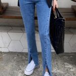 Summer Streetwear Denim Pencil Jeans - Mid Waist Split Front Skinny Trousers