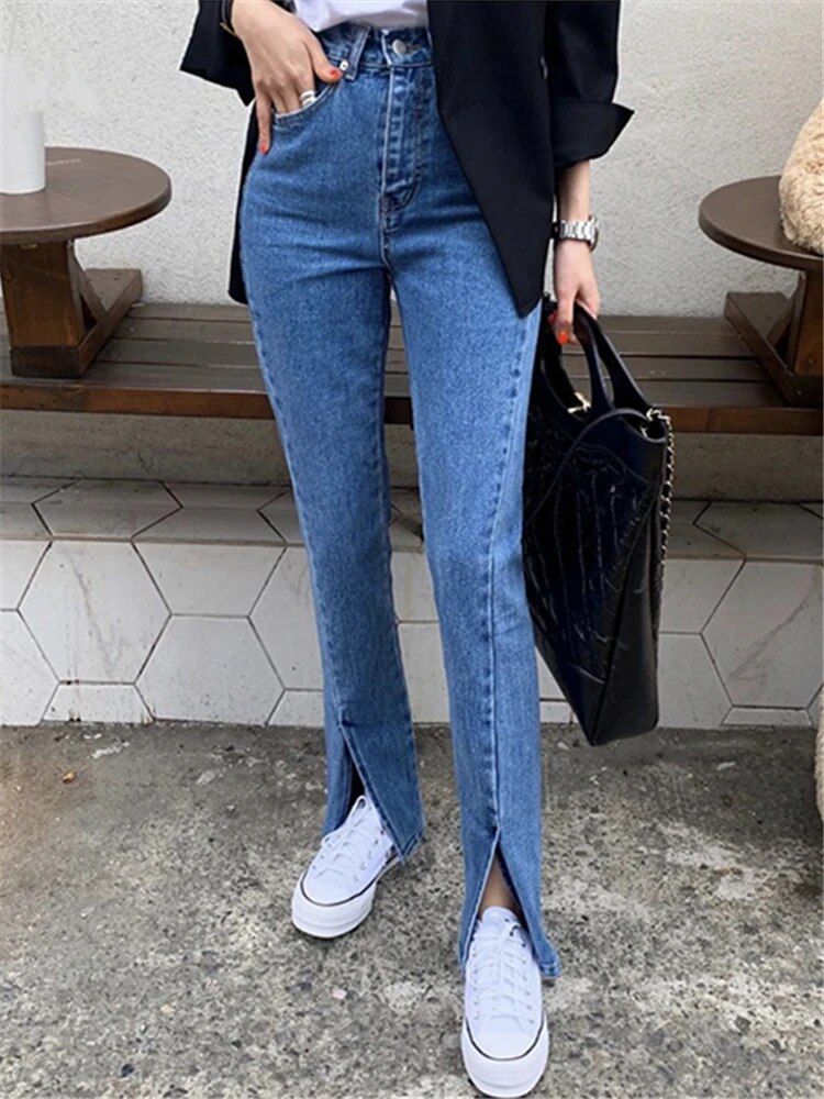 Summer Streetwear Denim Pencil Jeans – Mid Waist Split Front Skinny Trousers