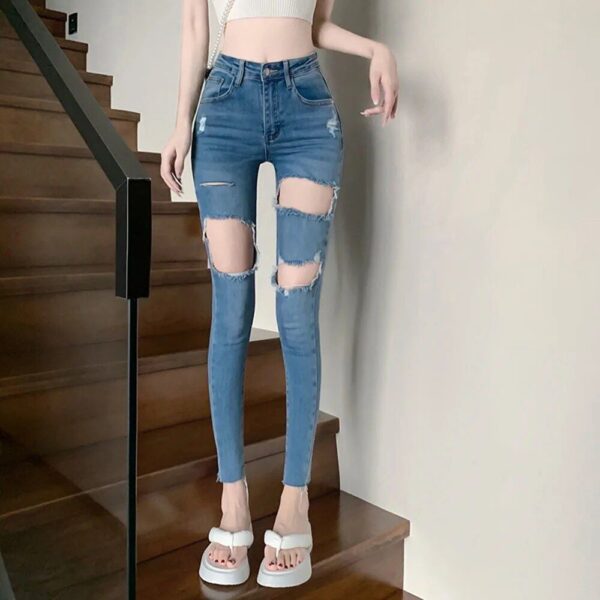 High Waist Skinny Denim Jeans with Ripped Knees