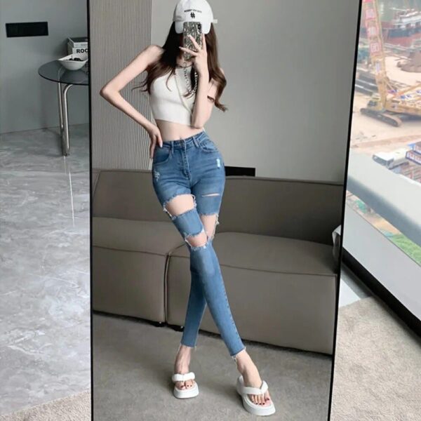 High Waist Skinny Denim Jeans with Ripped Knees