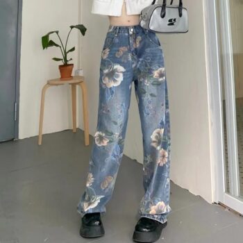 High-Waist Flower Embroidered Baggy Jeans for Women