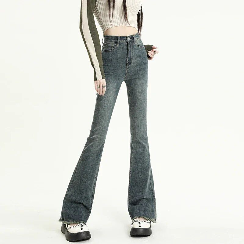 Vintage High-Waist Tassel Flared Jeans – Stretch Cotton Denim