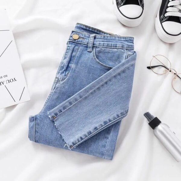 Mid-Waist Stretch Skinny Pencil Jeans for Women in Black and Blue