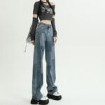 High-Waist Plaid Jacquard Wide-Leg Jeans - Women's Trendy Autumn Denim