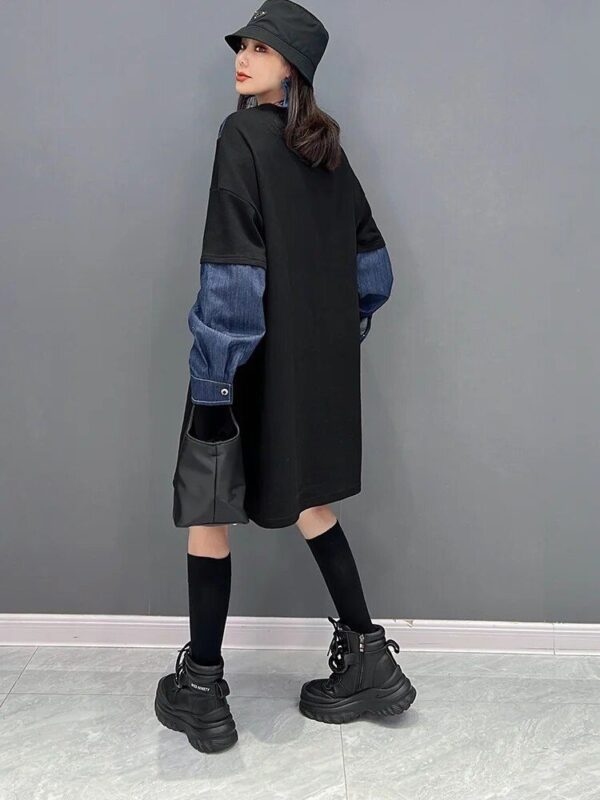 Korean Fashion Denim Patchwork Dress – Knee-Length Streetwear