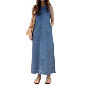 Chic Sleeveless Denim Maxi Dress – Summer Casual with Pockets for Women