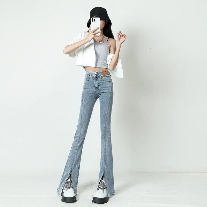 Y2K Aesthetic Flare Jeans – Low Waist Vintage Split Hem Denim