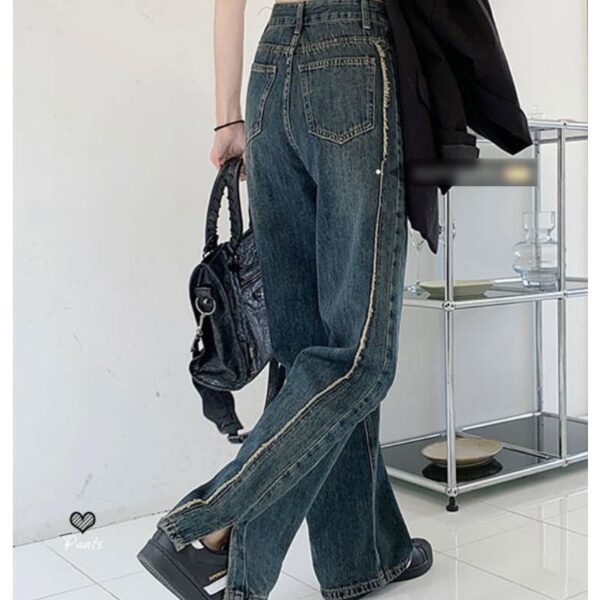 Women’s High Waist Plaid Wide-Leg Jeans with Ruffle Detail