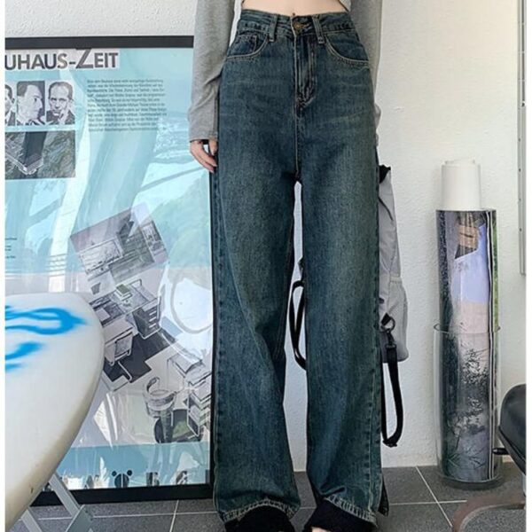 Women’s High Waist Plaid Wide-Leg Jeans with Ruffle Detail