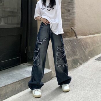 2023 Wide Leg Hip Hop Street Jeans – Women’s Mid-Waist with Appliques