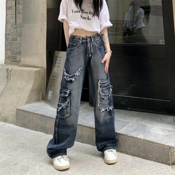 2023 Wide Leg Hip Hop Street Jeans – Women’s Mid-Waist with Appliques