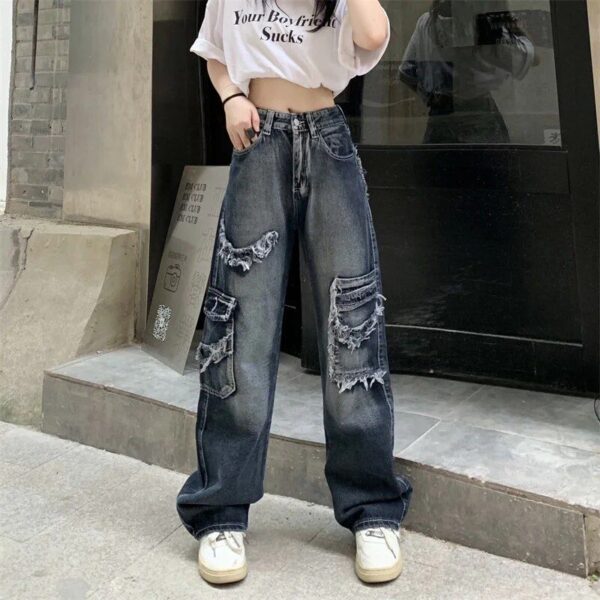 2023 Wide Leg Hip Hop Street Jeans – Women’s Mid-Waist with Appliques