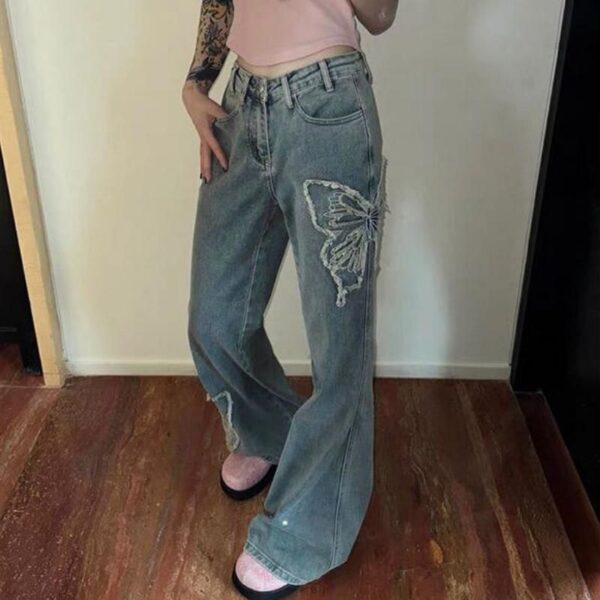 High Waist Butterfly Embroidered Flare Jeans – Vintage Wide Leg Denim