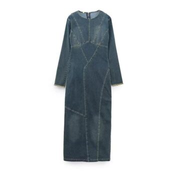 Winter Long Sleeve Denim Maxi Dress with Slit – Casual & Chic