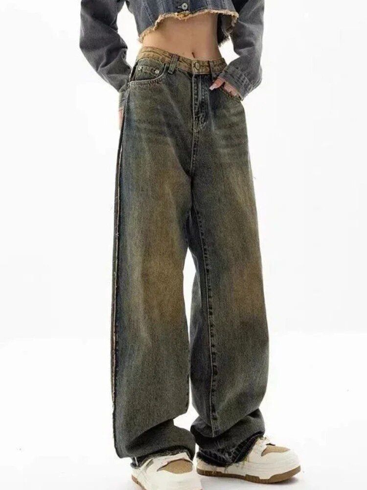 Women’s Vintage Patchwork High-Waist Jeans – Casual Korean Style for All Seasons