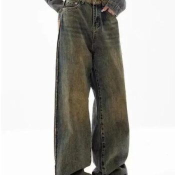 Women’s Vintage Patchwork High-Waist Jeans – Casual Korean Style for All Seasons