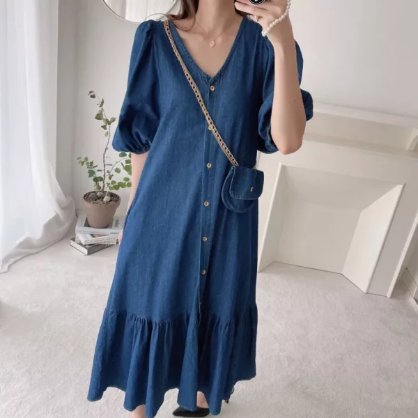 Summer Breeze Vintage Denim Midi Dress – Women’s Ruffle V-Neck Sundress