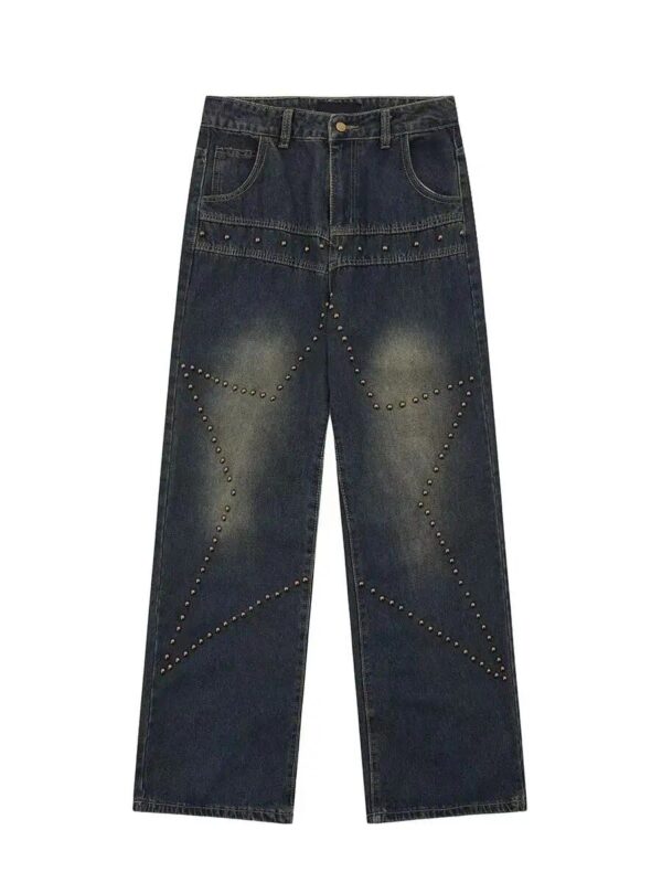Vintage Distressed Wide-Leg Jeans with Rivet Accents