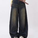 Vintage Distressed Wide-Leg Jeans with Rivet Accents