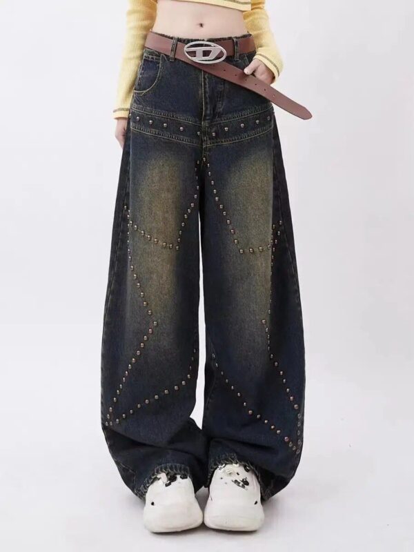 Vintage Distressed Wide-Leg Jeans with Rivet Accents