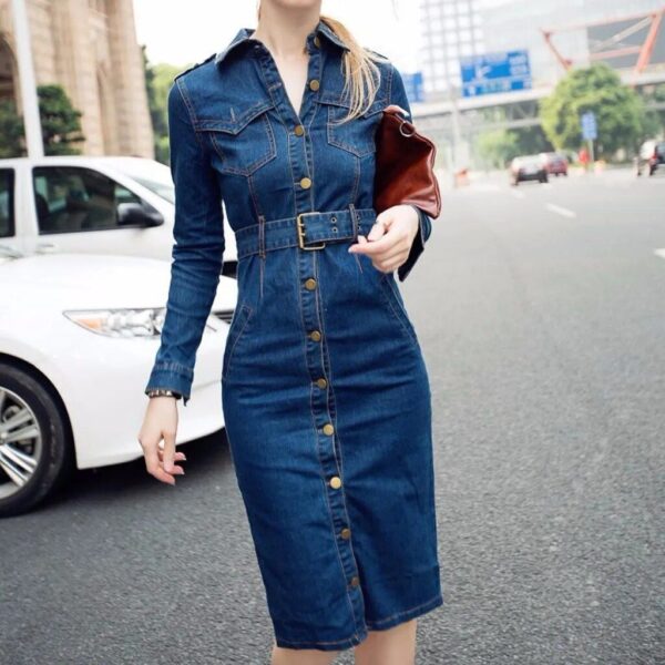 Chic Denim Knee-Length Dress with Belt – Women’s Spring & Summer Office Casual