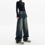 Women's Nostalgic Blue Wide Leg Jeans - High Waist Vintage-Inspired Fashion