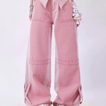 Pink High Waisted Baggy Wide Leg Jeans – Y2K Streetwear Loose Denim