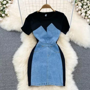 Chic Denim Splice A-Line Dress – Women’s Short Sleeve Empire Waist Midi