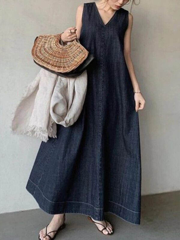 2023 Summer Denim Maxi Dress - Casual Vintage V-Neck Sleeveless - Image 4