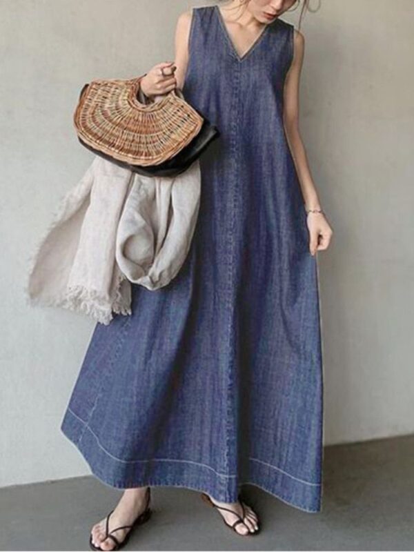 2023 Summer Denim Maxi Dress - Casual Vintage V-Neck Sleeveless - Image 2