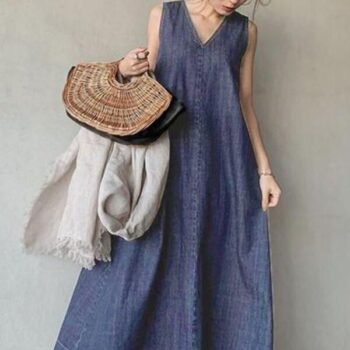 2023 Summer Denim Maxi Dress – Casual Vintage V-Neck Sleeveless