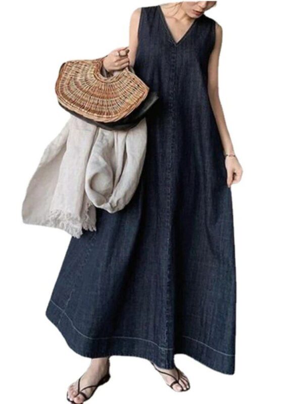 2023 Summer Denim Maxi Dress – Casual Vintage V-Neck Sleeveless