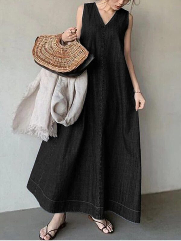 2023 Summer Denim Maxi Dress - Casual Vintage V-Neck Sleeveless - Image 3