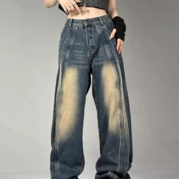Y2K Gothic Wide-Leg Retro Jeans – Unisex Washed Streetwear Denim