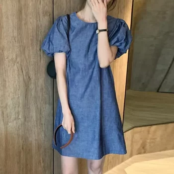 Chic Puff Sleeve A-Line Denim Mini Dress – Casual Pleated Summer Sundress