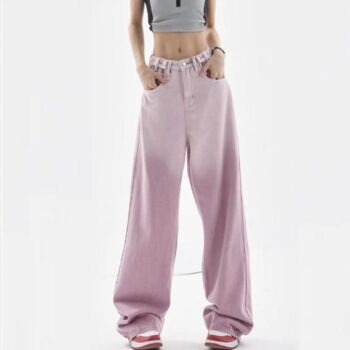 Pink High-Waisted Baggy Wide Leg Jeans – Y2K Fashion Women’s Streetwear