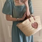 Vintage High-Waist Denim Dress - Square Collar, Puff Sleeves, Spring/Summer