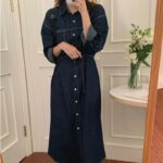 Women's Vintage High-Waist Denim Lace-Up Dress - Elegant Mid-Calf Autumn Fashion