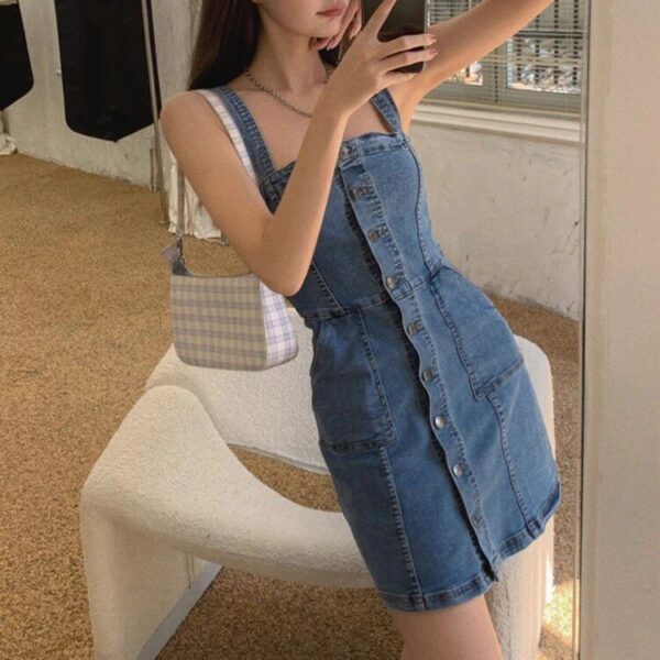 Summer Vintage Denim Mini Dress - Sexy Backless, Sleeveless & Pockets - Image 2