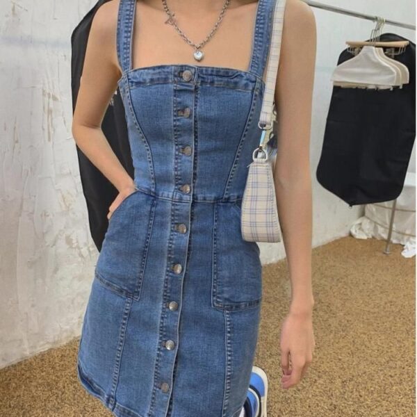 Summer Vintage Denim Mini Dress – Sexy Backless, Sleeveless & Pockets