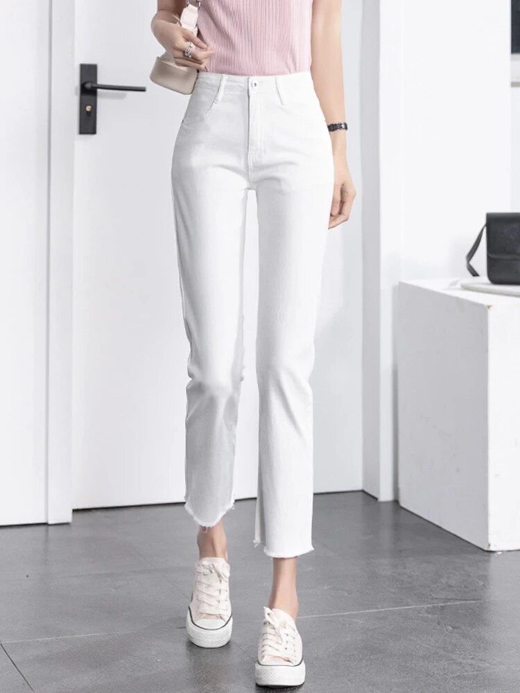 High-Waist Ankle-Length Straight Leg Women’s White Jeans