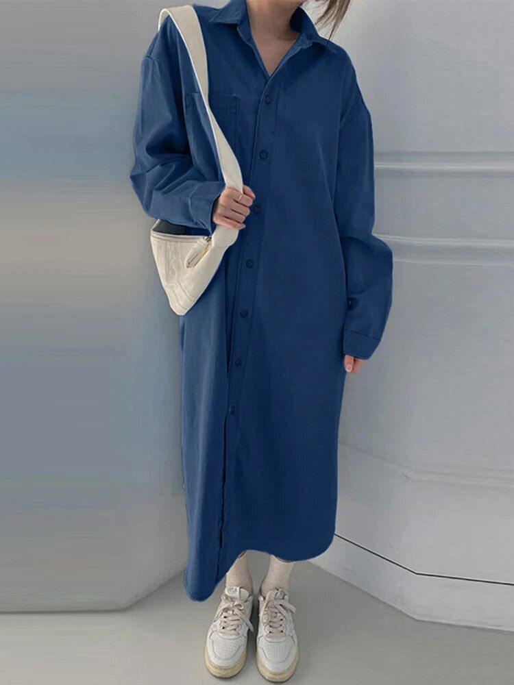 Denim Long Shirt Dress – Women’s Casual Long Sleeve Maxi