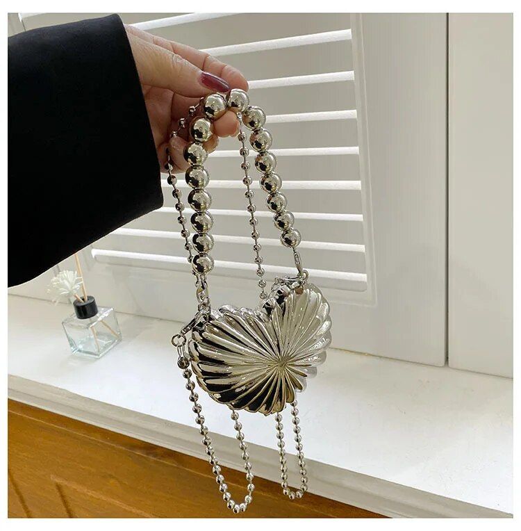 Luxury Pearl Beaded Metallic Heart Crossbody Bag