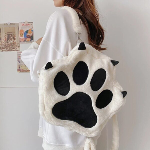 Cute Kawaii Cat Paw Plush Backpack - Soft Fluffy Casual Schoolbag for Girls - Image 4