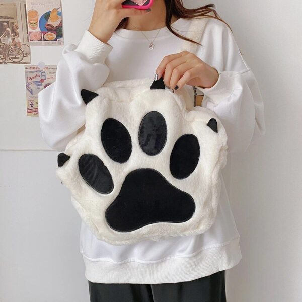 Cute Kawaii Cat Paw Plush Backpack - Soft Fluffy Casual Schoolbag for Girls - Image 5